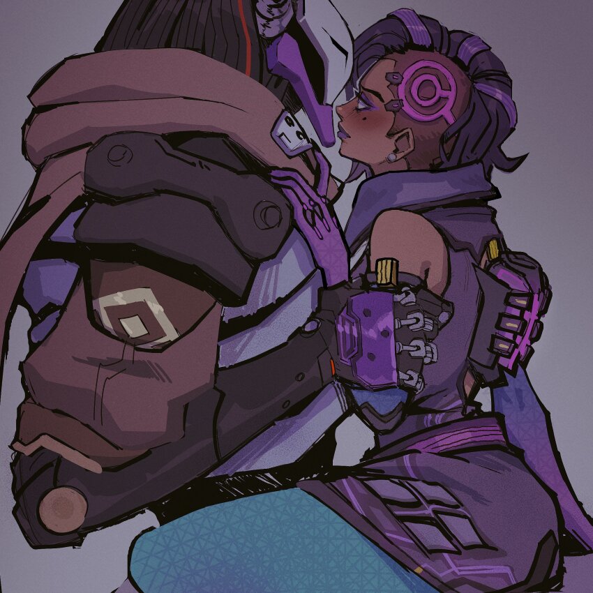 1boy 1girl blush bodysuit cable_hair closed_mouth couple cyborg elbow_gloves eyeshadow from_side gloves grey_background hetero highres holding_another&#039;s_arm humanoid_robot makeup mechanical_head mole mole_under_eye overwatch purple_bodysuit purple_eyes purple_eyeshadow purple_hair purple_lips ramattra_(overwatch) robot simple_background sitting sombra_(overwatch) spitslushy straddling upright_straddle