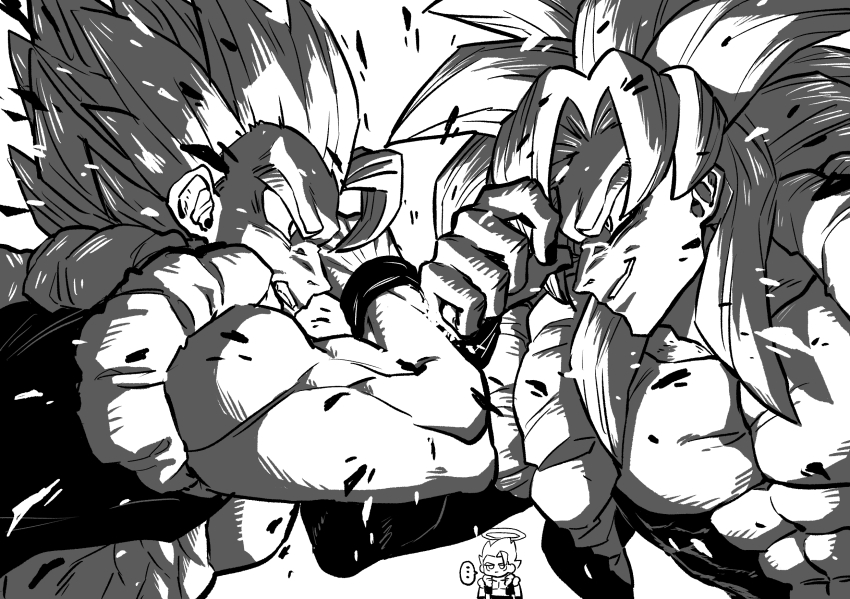 ... 3boys abs arm_up chibi chibi_inset clash clenched_teeth cropped_vest dragon_ball dragon_ball_super dragon_ball_super_broly fighting frown gogeta greyscale halo highres jitome long_hair looking_at_another male_focus medium_hair metamoran_vest monochrome multiple_boys muscular muscular_male no_shirt obata2nd open_clothes open_vest pectoral_cleavage pectorals shirtless_male sidelocks smile spiked_hair spoken_ellipsis super_saiyan super_saiyan_4 teeth upper_body vest wrist_cuffs