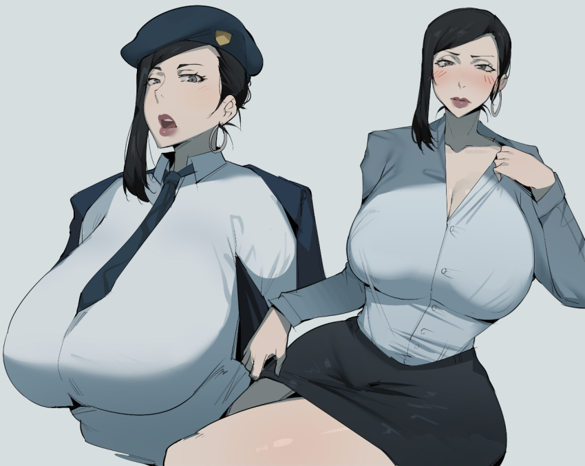 1girl black_hair blush breasts deadman_wonderland dr_octojuice earrings hoop_earrings huge_breasts jewelry lips makina_(deadman_wonderland) miniskirt neck shirt skirt undressing white_shirt