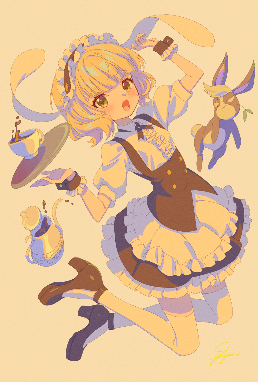 1girl absurdres animal animal_ears apron black_dress black_shoes blonde_hair blush coffee collared_shirt cup dress fake_animal_ears fleur_de_lapin_uniform floppy_ears frilled_apron frilled_dress frills full_body gochuumon_wa_usagi_desu_ka? green_eyes highres jdge kirima_syaro looking_at_viewer open_mouth puffy_short_sleeves puffy_sleeves rabbit rabbit_ears shirt shoes short_hair short_sleeves simple_background smile solo thighhighs tray white_apron white_shirt white_thighhighs wild_geese wrist_cuffs yellow_background