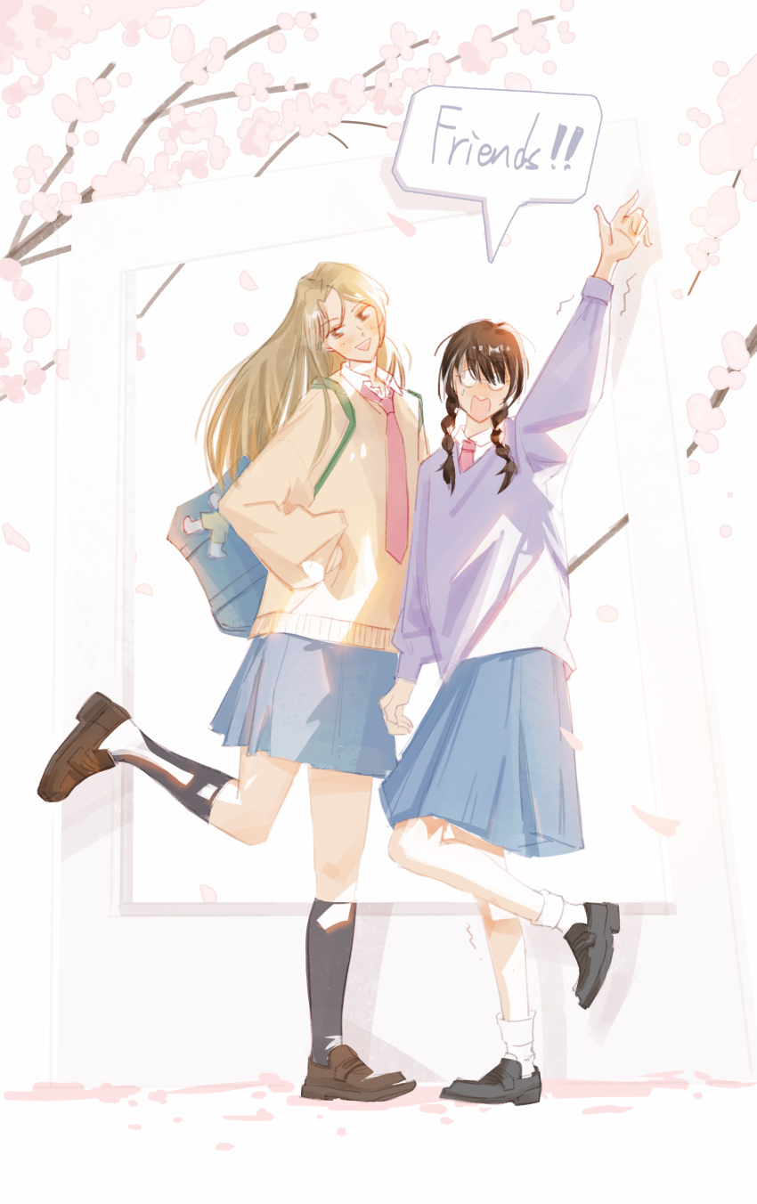 2girls :d absurdres arm_up artist_request bad_link bag black_footwear black_hair black_socks blue_bag blue_skirt braid brown_footwear cherry_blossoms collared_shirt english_text glasses height_difference highres kurume_makoto light_brown_hair loafers long_hair long_sleeves looking_at_viewer multiple_girls murashige_yuzuki necktie open_mouth pleated_skirt purple_sweater red_necktie round_eyewear school_bag school_uniform shirt shoes skip_to_loafer skirt smile socks source_request speech_bubble standing standing_on_one_leg sweater tree trembling triangle_mouth tsubame_nishi_high_school_uniform twin_braids twintails white_shirt white_socks yellow_sweater