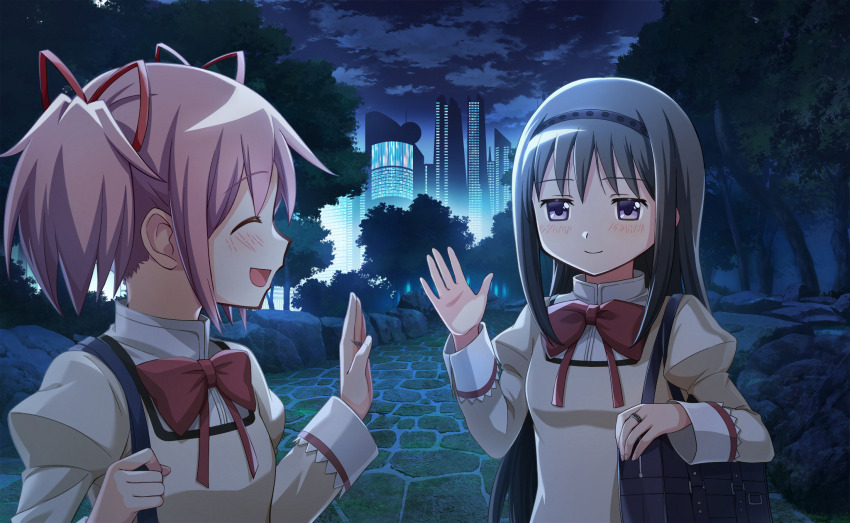 2girls ^_^ akemi_homura artist_request bag black_hair black_hairband blue_bag bow bowtie city closed_eyes closed_mouth cloud cobblestone collared_shirt dot_nose eyelashes fingernails game_cg hair_ribbon hairband happy high_collar highres holding holding_bag jewelry jitome juliet_sleeves kaname_madoka lace-trimmed_sleeves lace_trim light_blush long_hair long_sleeves looking_at_viewer mahou_shoujo_madoka_magica mahou_shoujo_madoka_magica_magia_exedra mitakihara_school_uniform multiple_girls night night_sky official_art open_mouth outdoors path pink_hair pointy_nose puffy_sleeves purple_eyes red_bow red_bowtie red_ribbon ribbon ring road rock school_uniform shirt short_hair short_twintails sidelocks sky smile straight_hair studded_hairband third-party_source tree twintails upper_body very_long_hair waving white_sleeve_cuffs yellow_shirt
