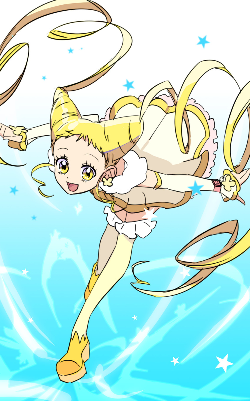 1girl :d arms_behind_back blonde_hair blue_background boots buntatta butterfly_brooch butterfly_earrings cone_hair_bun cure_lemonade dress earrings frilled_boots frilled_dress frills hair_bun highres jewelry long_hair looking_at_viewer open_mouth pinky_catch precure smile solo sparkle star_(symbol) thighhighs yellow_boots yellow_eyes yes!_precure_5