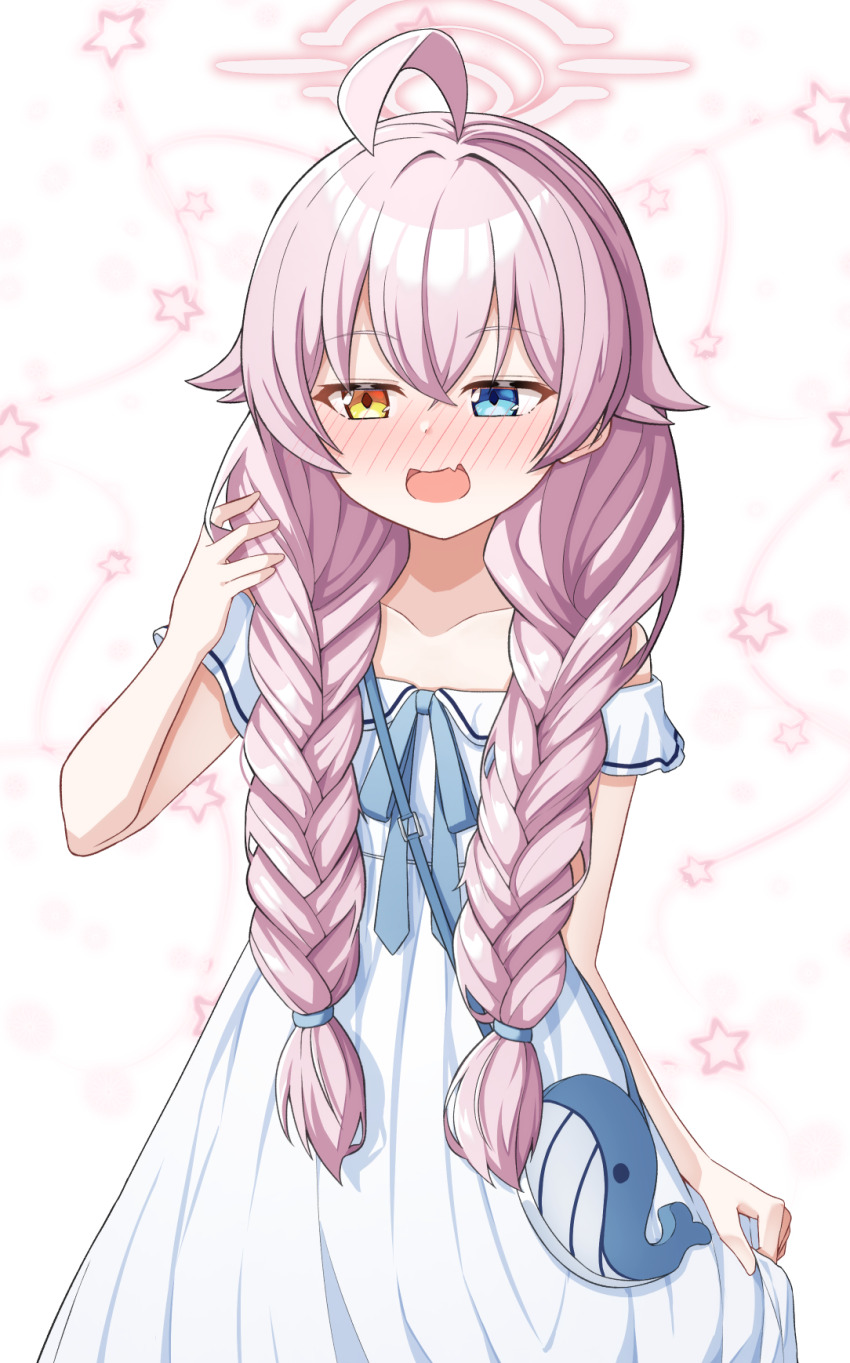 1girl :d ahoge bag bare_shoulders blue_archive blue_eyes blue_ribbon blush braid collarbone commentary_request dress fang hair_between_eyes halo hand_up heterochromia highres hoshino_(blue_archive) long_hair looking_to_the_side low_twintails neck_ribbon nenosame nose_blush off-shoulder_dress off_shoulder open_mouth ribbon shoulder_bag smile solo star_(symbol) star_symbol_background twin_braids twintails very_long_hair white_background white_dress yellow_eyes
