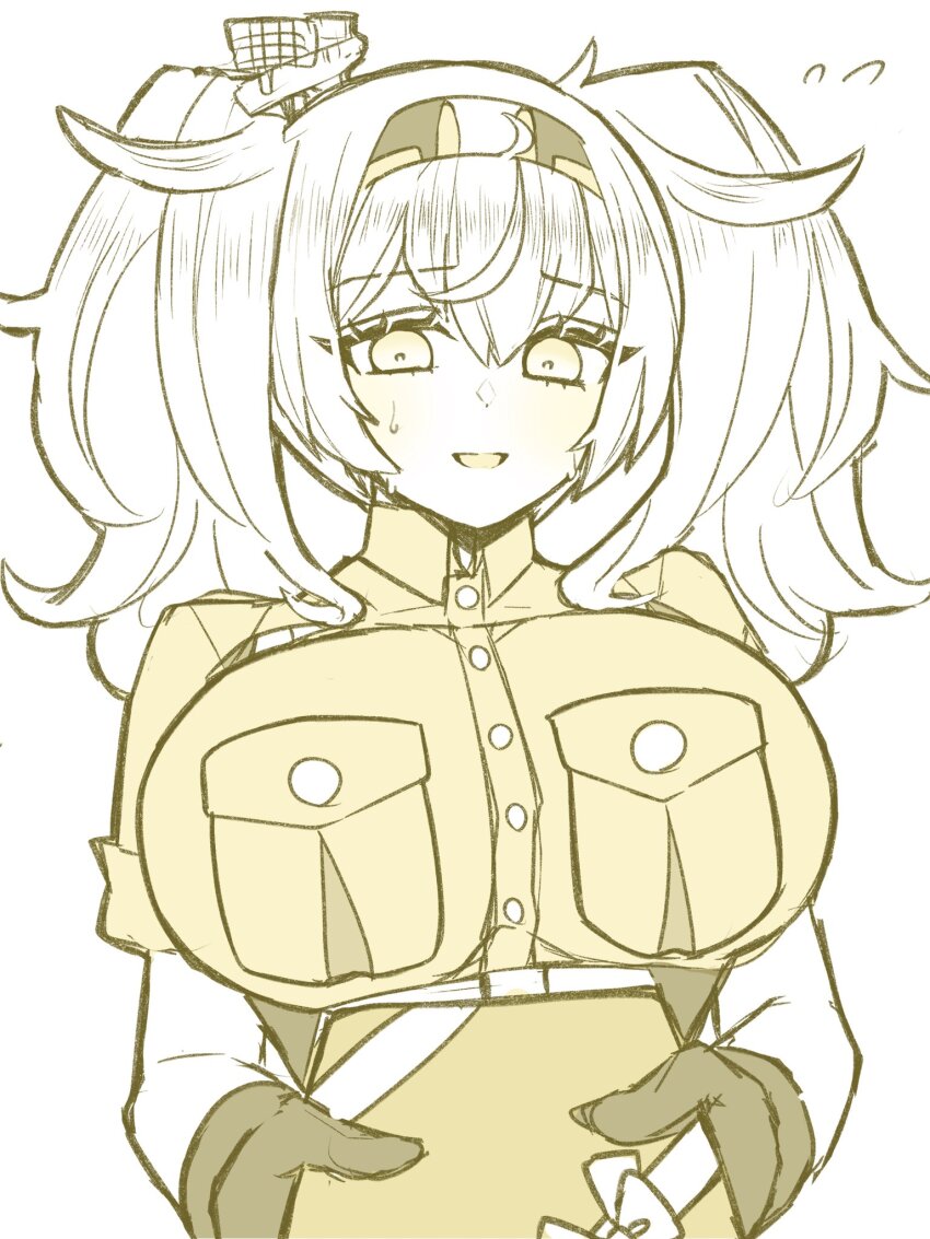 1girl blush box breast_pocket breasts collared_shirt flying_sweatdrops gambier_bay_(kancolle) gift gift_box gloves hair_between_eyes hairband highres kantai_collection large_breasts lineart long_hair looking_at_viewer nagi_kantai114 pocket shirt simple_background smile solo twintails upper_body valentine