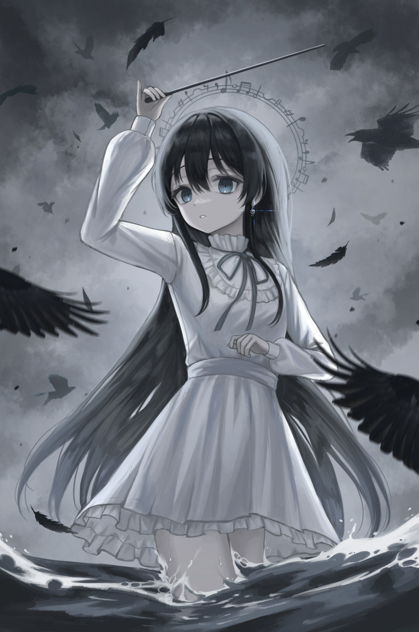1girl absurdres bird black_ribbon blue_eyes cloud cloudy_sky conductor conductor_baton cowboy_shot crow dress earrings feathers glint grey_sky hair_between_eyes halo hand_up highres holding_baton jewelry kkamkkam long_hair long_sleeves looking_at_viewer musical_note_earrings musical_staff musical_staff_halo neck_ribbon ocean original outdoors parted_lips ribbon ringed_eyes sky solo standing very_long_hair wading water white_dress