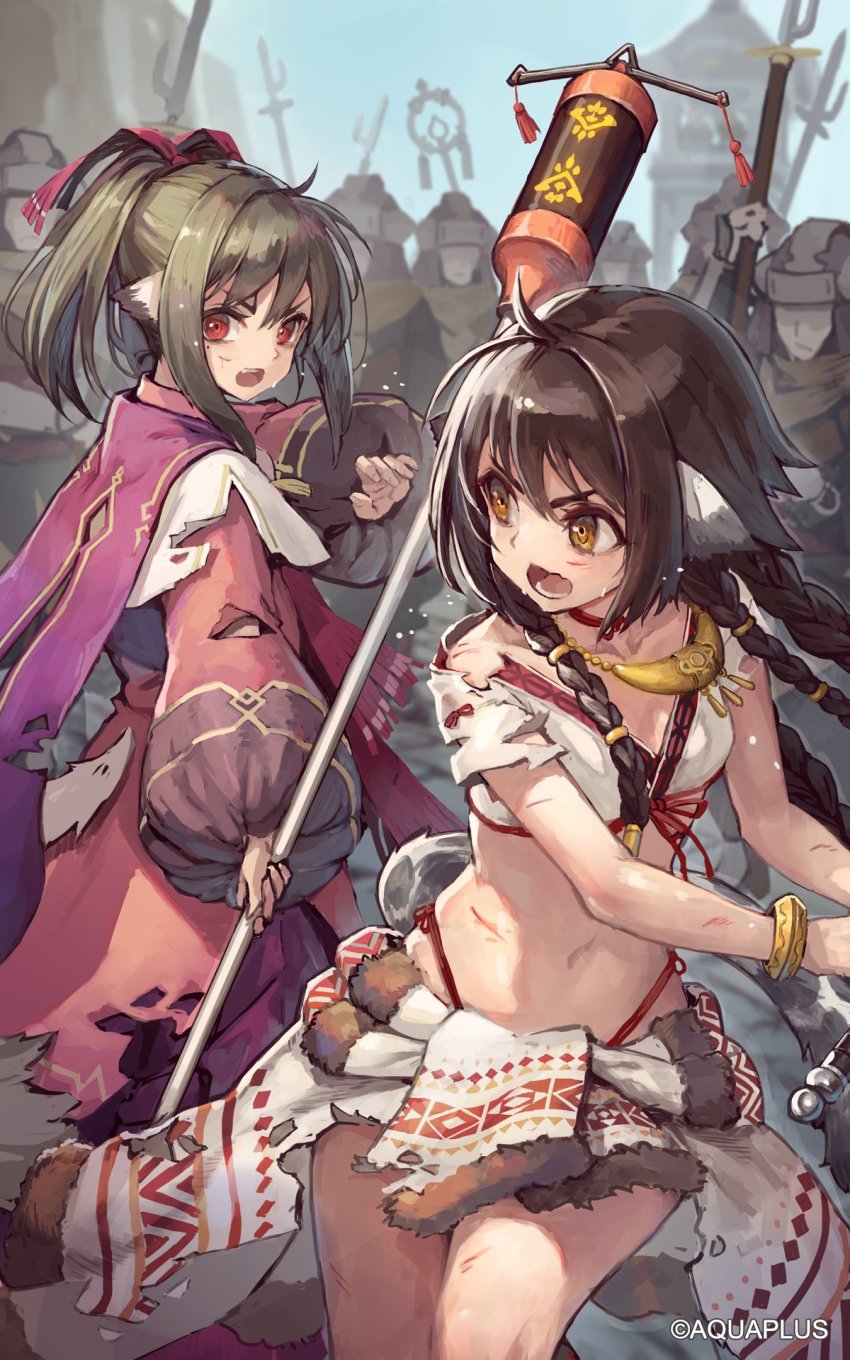 2girls ahoge ainu_clothes animal_ears anju_(utawarerumono) aquaplus army bare_legs blouse blue_sky bracelet braid breasts brown_hair choker clothes_around_waist collarbone cowboy_shot crop_top dress faceless faceless_male from_side hair_between_eyes hair_ornament hair_ribbon highres holding holding_polearm holding_spear holding_staff holding_weapon jewelry long_hair long_sleeves looking_at_another looking_at_viewer midriff mole mole_under_eye multiple_boys multiple_girls necklace nekone_(utawarerumono) nose official_art open_mouth orange_eyes outdoors polearm red_eyes ribbon shirt short_sleeves sidelocks skirt sky small_breasts soldier spear staff staff_(weapon) suzuno_(bookshelf) sweat sweatdrop tail teeth thighs thong tongue torn_clothes torn_shirt torn_skirt twintails utawarerumono utawarerumono:_futari_no_hakuoro utawarerumono:_itsuwari_no_kamen utawarerumono:_lost_flag very_long_hair weapon