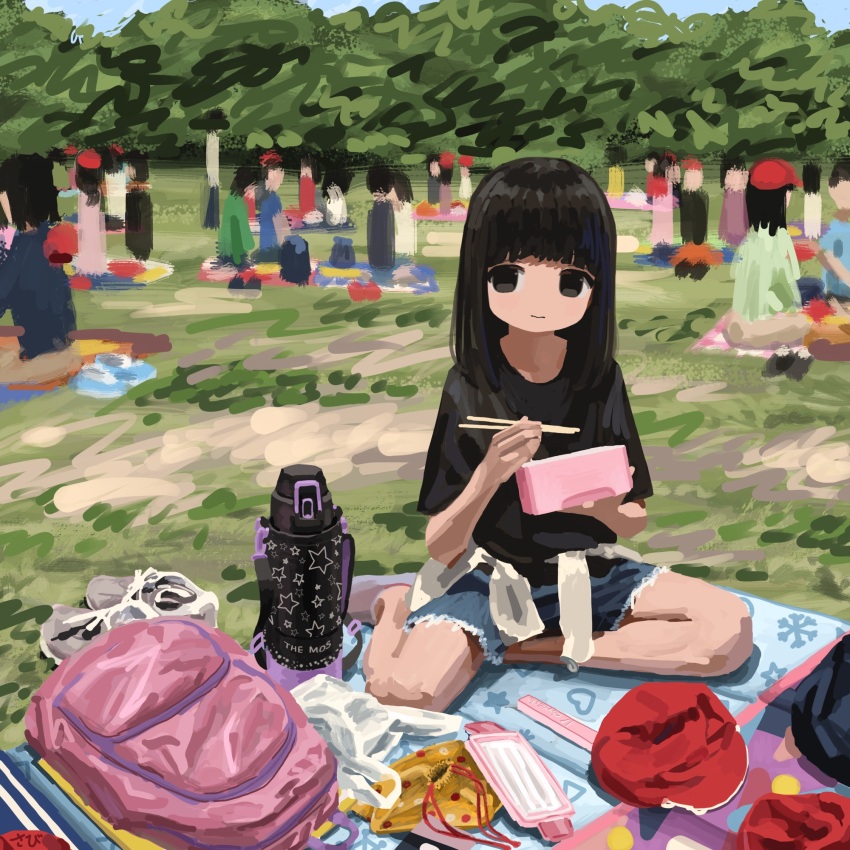 1girl artist_name backpack bag black_hair black_shirt chopsticks closed_mouth clothes_around_waist day denim denim_shorts highres holding holding_bento holding_chopsticks medium_hair multiple_others on_blanket on_floor original outdoors picnic_blanket pink_bag sa1bi shirt shoes shorts sitting sketch thermos unworn_headwear unworn_shoes wariza yokozuwari