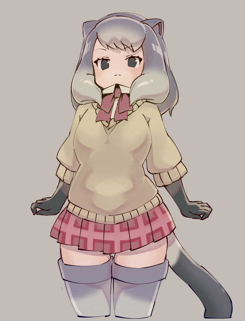 1girl alpine_marmot_(kemono_friends) animal_ears beige_sweater bird_witch black_gloves bow bowtie collared_shirt commentary_request cowboy_shot elbow_gloves gloves grey_eyes grey_hair grey_thighhighs highres kemono_friends multicolored_hair plaid_clothes plaid_skirt pleated_skirt red_bow red_bowtie red_skirt shirt short-sleeved_sweater short_hair short_sleeves skirt solo squirrel_ears squirrel_girl squirrel_tail sweater tail thighhighs white_shirt zettai_ryouiki
