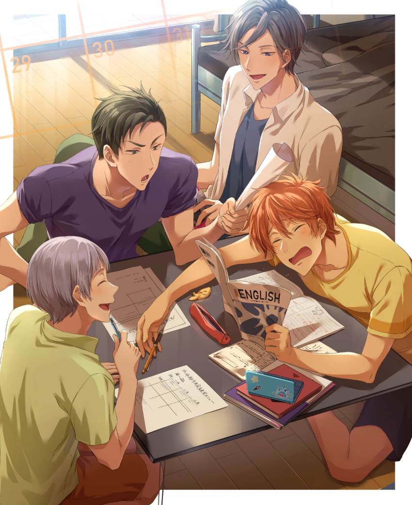 4boys ^_^ barefoot bed bedroom blue_shirt blue_shorts blush border brown_hair butterfly_sitting closed_eyes collarbone collared_shirt english_text eraser free! from_above green_eyes green_pants grey_hair highres holding holding_paper holding_pencil homework indoors laughing lecturing looking_at_another male_focus mechanical_pencil mikoshiba_momotarou minami_kazuki multiple_boys nitori_aiichirou on_floor open_mouth orange_hair orange_shorts outside_border pants paper pencil pencil_case purple_eyes purple_shirt scolding seiza shirt shirt_under_shirt shorts sitting smile spiked_hair studying t-shirt table tearing_up textbook toned toned_male translation_request undershirt uozumi_takuya v-shaped_eyebrows white_border white_shirt window wooden_floor yellow_shirt zattape