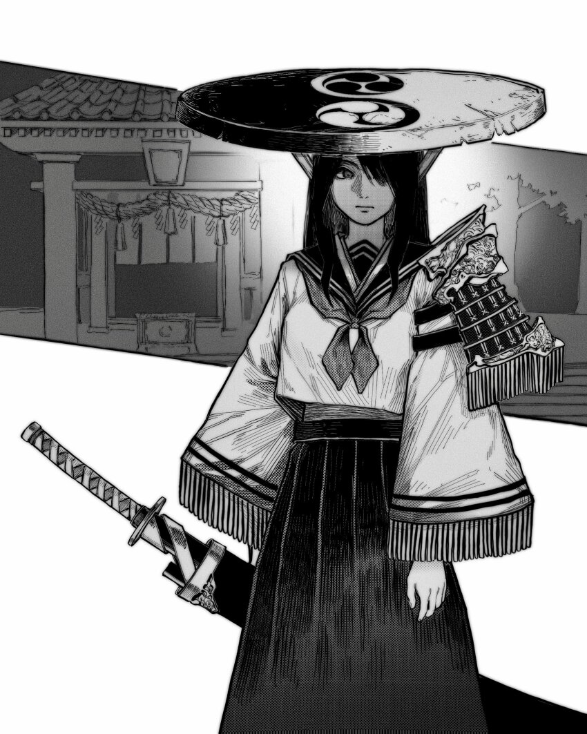 1girl absurdres armor chin_strap closed_mouth commentary fringe_trim greyscale hair_over_one_eye hat highres holding holding_sword holding_weapon japanese_armor long_hair long_skirt long_sleeves making-of_available mitsudomoe_(shape) monochrome neckerchief one_eye_covered original pleated_skirt sandogasa school_uniform serafuku sheath sheathed shirt_overhang shoulder_armor sideways_glance skirt sode solo standing sword tomoe_(symbol) weapon wide_sleeves yin_yang zero808w