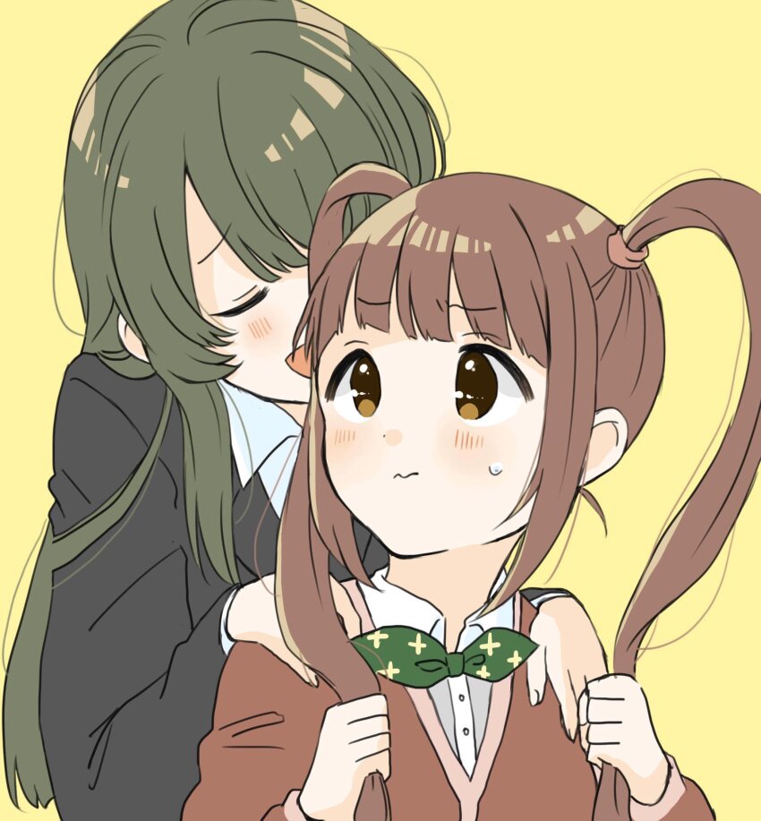 2girls :d black_jacket blunt_bangs blush bow bowtie brown_eyes brown_hair cardigan closed_mouth collar collared_shirt dress_shirt formal_clothes green_bow green_bowtie green_hair grey_shirt hair_over_shoulder hair_tie hands_on_another&#039;s_shoulders highres htnmanpp idolmaster idolmaster_million_live! idolmaster_million_live!_theater_days jacket lone_nape_hair long_hair long_sleeves matsuda_arisa multiple_girls open_mouth parted_bangs producer_(idolmaster) red_cardigan shirt sidelocks simple_background smelling smile suit sweat twintails upper_body very_long_hair wavy_mouth white_collar white_shirt yellow_background yuri