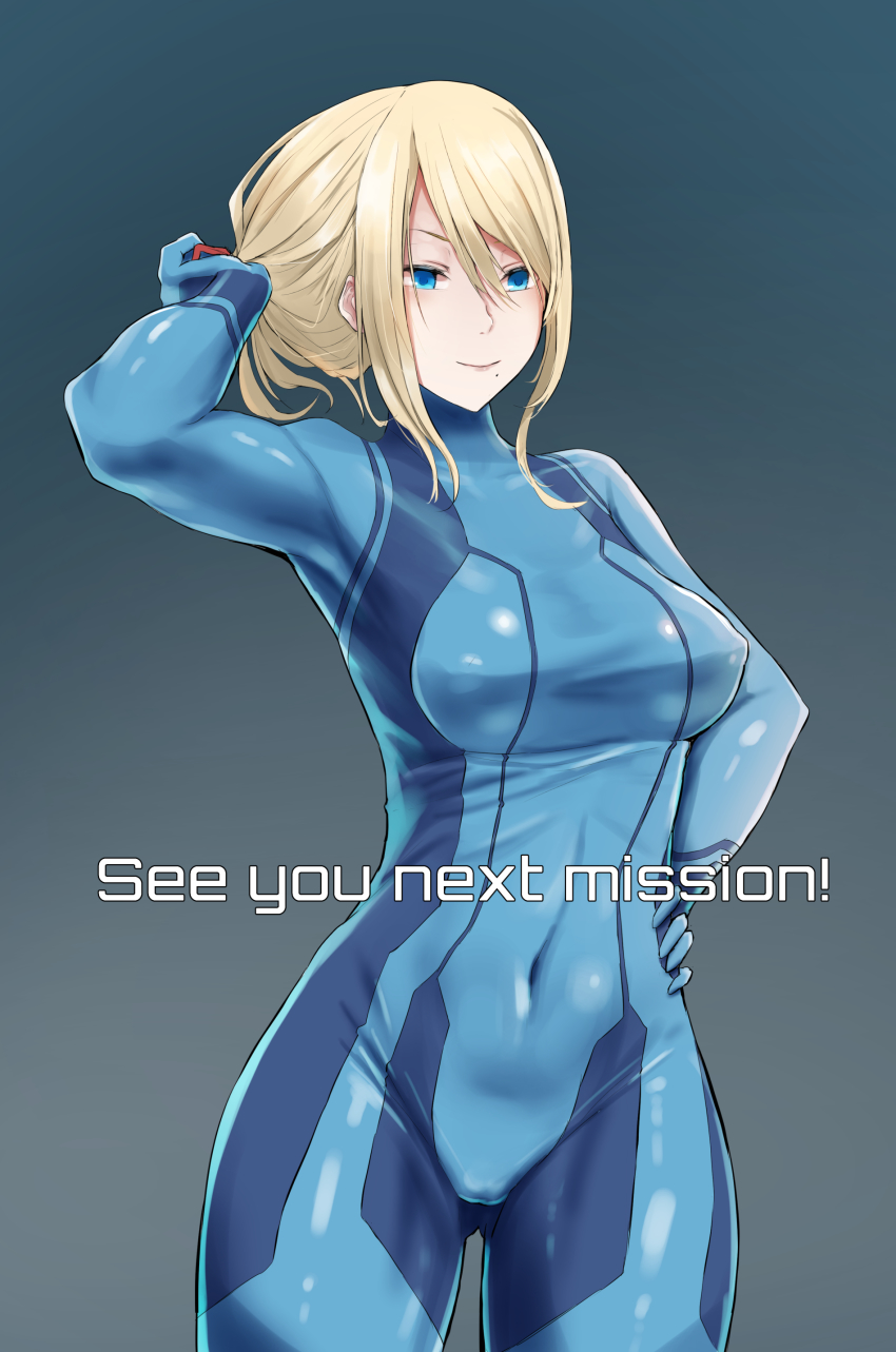 1girl absurdres blonde_hair blue_bodysuit blue_eyes bodysuit breasts closed_mouth covered_erect_nipples covered_navel cowboy_shot english_text hair_between_eyes hand_on_own_hip hand_up highres large_breasts long_hair looking_at_viewer metroid mole mole_under_mouth nintendo samus_aran skin_tight smile solo standing thighs untying yilan_un zero_suit