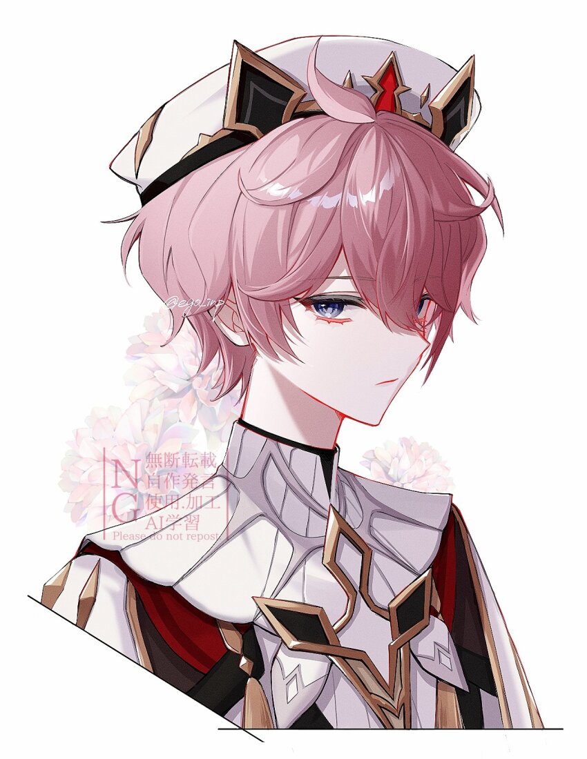 1boy ahoge artist_name beret closed_mouth commentary_request dahlia dahlia_(genshin_impact) ego_(ego_inp) expressionless eyelashes floral_background flower genshin_impact gold_trim hair_between_eyes hat highres looking_at_viewer male_focus name_connection object_namesake pink_flower pink_hair purple_eyes shirt short_hair solo tassel twitter_username upper_body watermark white_background white_hat white_shirt