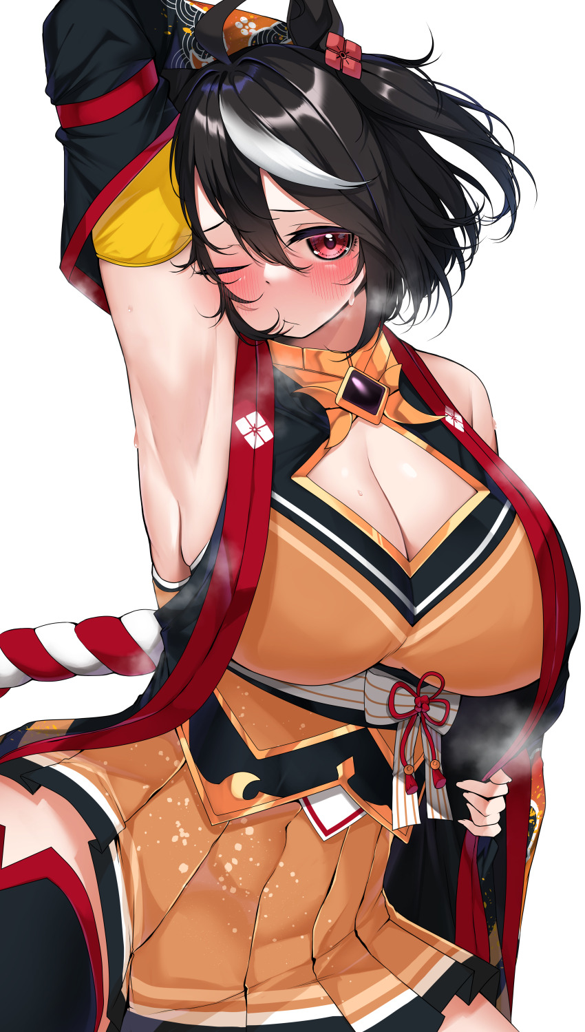1girl absurdres animal_ears armpits black_hair breasts cleavage cleavage_cutout clothing_cutout commentary_request commission detached_sleeves hair_between_eyes hair_ornament highres horse_ears horse_girl kitasan_black_(umamusume) kshimu large_breasts looking_at_viewer multicolored_hair one_eye_closed orange_skirt pleated_skirt red_eyes short_hair simple_background skeb_commission skirt solo streaked_hair sweat umamusume white_background white_hair