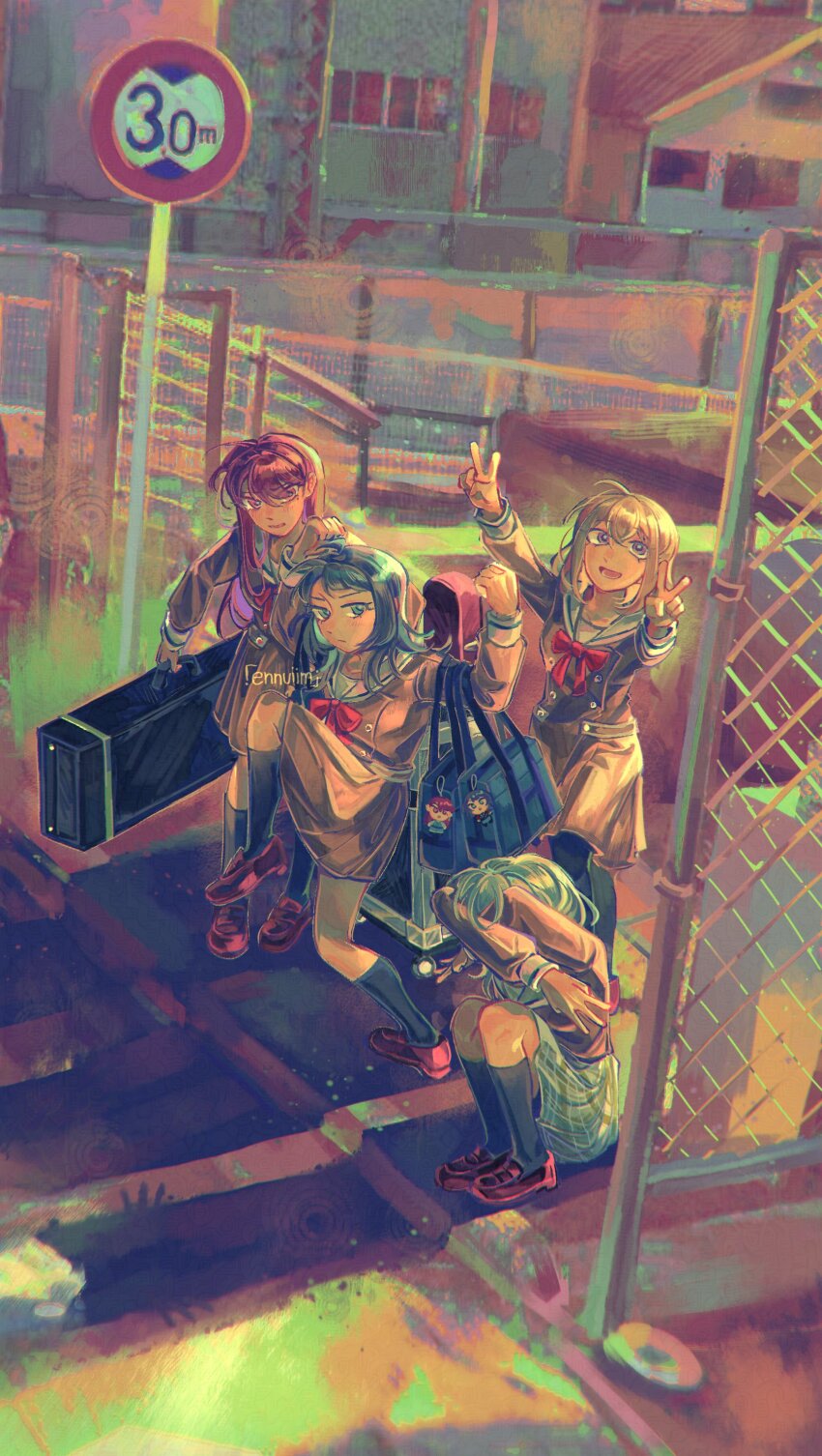 4girls absurdres artist_name bag bang_dream! bang_dream!_it&#039;s_mygo!!!!! black_hair black_socks blonde_hair blue_eyes blush bow bowtie brown_dress brown_shoes cat_shadow_puppet_(meme) chain-link_fence commentary double_v dress fence guitar_case hanasakigawa_school_uniform high_school_girls_posing_for_google_street_view_(meme) highres holding_case instrument_case kaname_raana kneehighs loafers long_hair meme misumi_uika multiple_girls outdoors phos_(ennuuiim) plaid_clothes plaid_skirt pleated_skirt purple_eyes purple_hair red_bow red_bowtie road_sign sailor_dress school_bag school_uniform shiina_taki shirt shoes sign skirt socks squatting v white_hair white_shirt white_skirt yahata_umiri