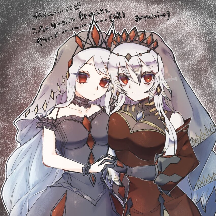 2girls asymmetrical_docking ayuthi007 black_dress blazing_cartesia_the_virtuous breast_press breasts cleavage closed_mouth collarbone dress duel_monster ecclesia_(yu-gi-oh!) guiding_quem_the_virtuous highres holding holding_hands large_breasts long_hair long_sleeves looking_at_viewer multiple_girls red_dress red_eyes scrunchie tiara veil very_long_hair white_hair wrist_scrunchie yu-gi-oh!