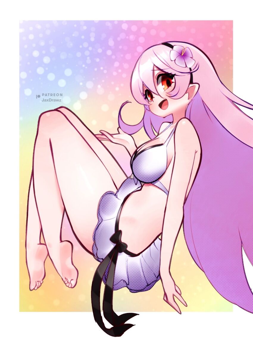 1girl artist_name barefoot bikini bikini_skirt black_hairband border breasts cleavage feet female_corrin_(fire_emblem) female_corrin_(novice_vacationer)_(fire_emblem) fire_emblem fire_emblem_fates fire_emblem_heroes flower grey_hair hair_flower hair_ornament hairband highres jaxdrawz long_hair medium_breasts nintendo official_alternate_costume open_mouth pointy_ears red_eyes soles solo swimsuit toes white_bikini white_border