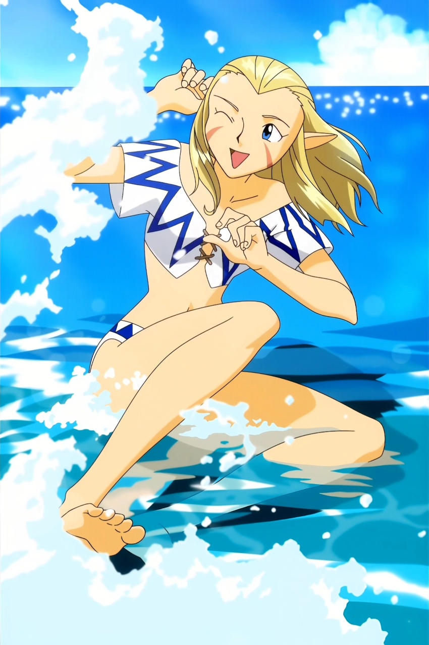 blonde_hair blue_eyes bromide cloud facial_mark highres in_water jessica_de_alkirk lunar lunar:_the_silver_star ocean official_art one_eye_closed pointy_ears sky smile splashing swimsuit