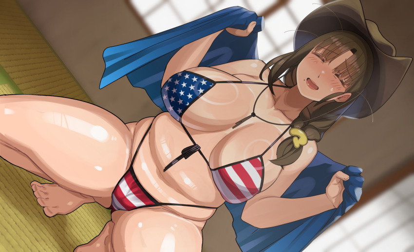 1girl american_flag american_flag_bikini american_flag_print arms_up artist_request barefoot bikini braid braided_ponytail breasts brown_hair cameltoe cleavage cowboy_hat feet flag_print flag_print_bikini hat highres indie_virtual_youtuber large_breasts mature_female navel nervous_smile pink_lips print_bikini smile solo squatting sweatdrop swimsuit thick_thighs thighs thong_bikini tongue towel tsukushibara_sumine virtual_youtuber