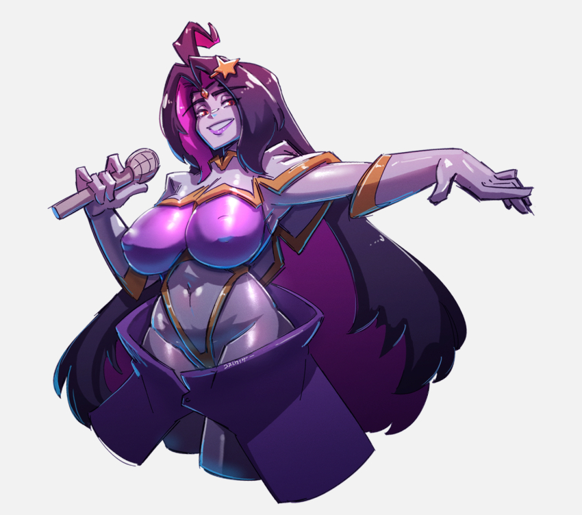 1girl black_hair breasts commentary cosmikaizer cosplay covered_erect_nipples covered_navel cowboy_shot cowlick english_commentary forehead_jewel gloves grey_background grey_gloves grey_leotard gundam gundam_seed gundam_seed_destiny hair_ornament highres holding holding_microphone large_breasts leotard looking_at_viewer macross macross_plus meer_campbell meer_campbell_(cosplay) microphone nail_polish parted_lips purple_hair purple_skirt red_eyes sharon_apple skirt smile solo star_(symbol) star_hair_ornament
