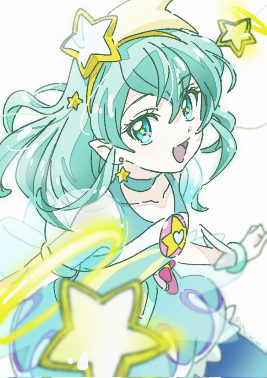 1girl :d antennae aqua_dress aqua_eyes aqua_hair blurry bubble_skirt choker corrupted_twitter_file cure_milky depth_of_field dress earrings hagoromo_lala hairband highres jewelry looking_at_viewer magical_girl medium_hair open_mouth pointy_ears precure puffy_short_sleeves puffy_sleeves see-through_clothes see-through_sleeves short_sleeves simple_background skirt smile solo star_(symbol) star_hairband star_in_eye star_twinkle_precure sugimoto_miho symbol_in_eye white_background wrist_cuffs