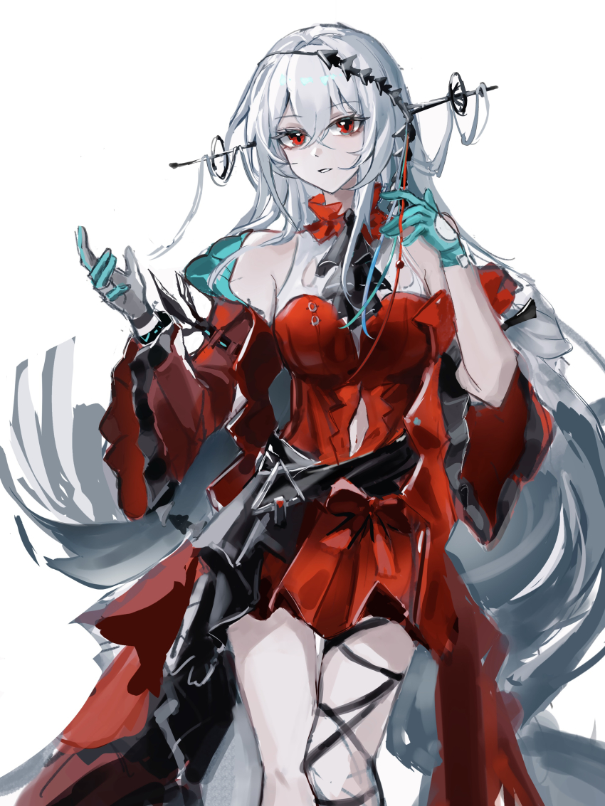 1girl absurdres aqua_gloves arknights chinese_commentary commentary_request cowboy_shot crossed_bangs dress gloves grey_hair hair_between_eyes hair_ornament highres infection_monitor_(arknights) long_hair looking_at_viewer parted_lips red_dress red_eyes simple_background skadi_(arknights) skadi_the_corrupting_heart_(arknights) sketch solo standing very_long_hair white_background wide_sleeves zhishi_mao_tiao