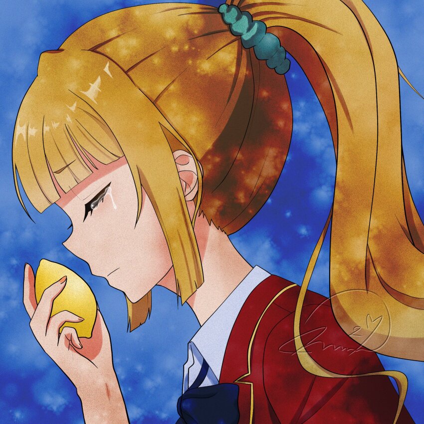 1girl advanced_nurturing_high_school_uniform blonde_hair blue_background blue_bow blue_collar blue_scrunchie blue_shirt bow bowtie close-up closed_eyes closed_mouth collar food fruit highres holding holding_food holding_fruit jacket karuizawa_kei lemon long_hair mmm29 ponytail red_jacket school_uniform scrunchie shirt solo tears youkoso_jitsuryoku_shijou_shugi_no_kyoushitsu_e