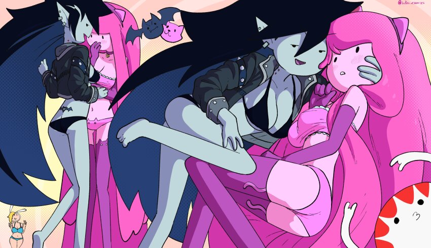 1other 3girls absurdres adventure_time animal_ears animal_hood ass black_bra black_hair black_jacket black_panties blonde_hair blue_bra blue_panties blush bra breasts cat cat_ears choker colored_skin earrings elbow_gloves fangs fionna_campbell from_behind gloves grey_skin highres hood huge_breasts inker_comics jacket jewelry long_hair marceline_abadeer medium_breasts multiple_girls open_mouth panties peppermint_butler pink_bra pink_choker pink_gloves pink_hair pink_panties pink_skin pink_thighhighs plump pointy_ears princess_bonnibel_bubblegum rabbit_hood smile tattoo thighhighs thighs underwear v vampire very_long_hair