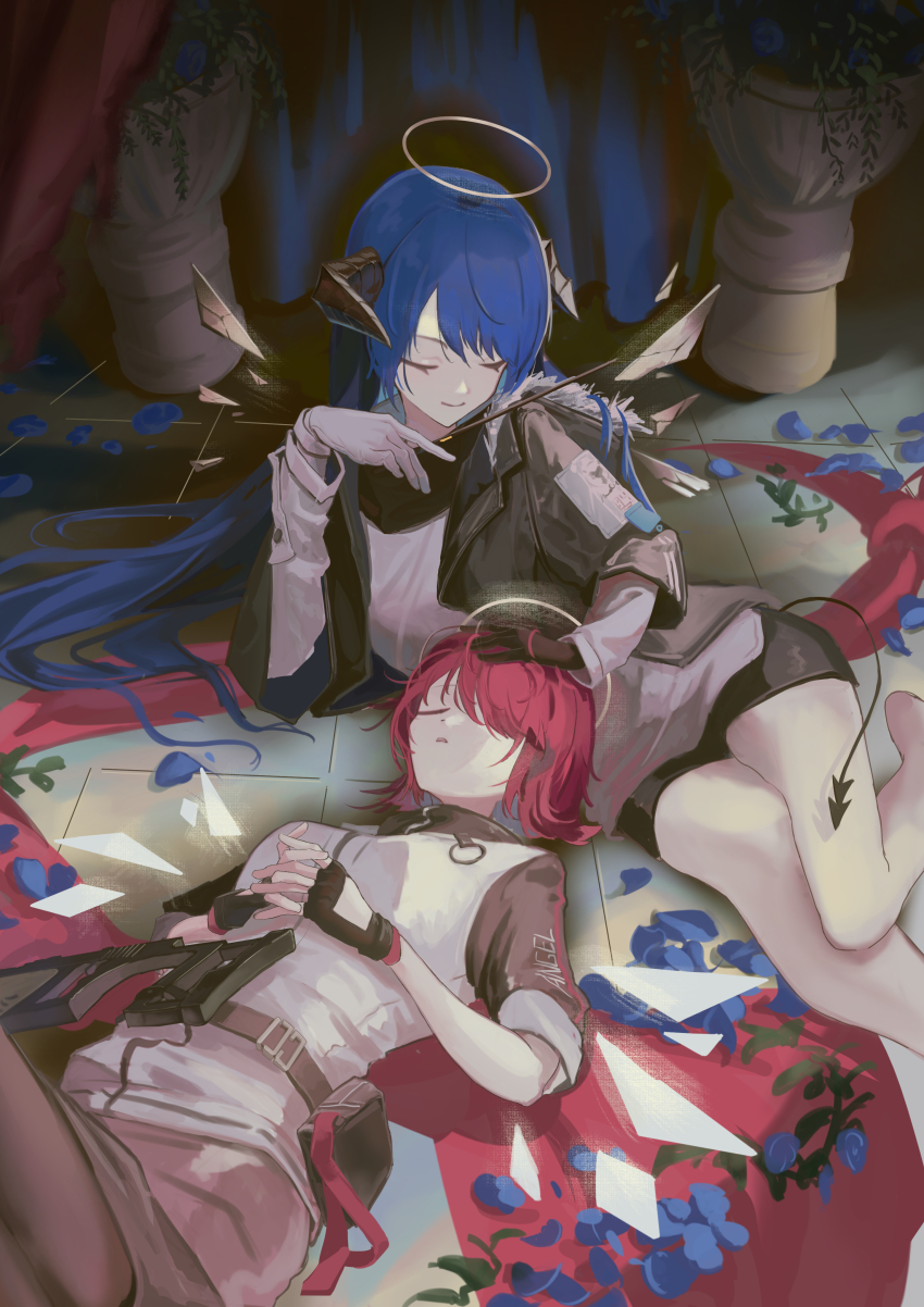 2girls absurdres arknights asymmetrical_gloves bare_legs barefoot belt belt_pouch black_gloves black_jacket black_pantyhose black_shorts black_skirt closed_eyes closed_mouth clothes_writing demon_girl demon_horns demon_tail demon_wings detached_wings energy_wings exusiai_(arknights) fingerless_gloves gloves gun hair_over_one_eye halo headpat highres holding horns jacket long_hair long_sleeves lying miniskirt mismatched_gloves mostima_(arknights) multiple_girls natsuba002 on_back on_floor open_clothes open_jacket own_hands_together pantyhose parted_lips petals pouch reclining red_hair shirt short_hair short_shorts shorts skirt sleeping tail very_long_hair wand weapon white_gloves white_jacket white_shirt wings