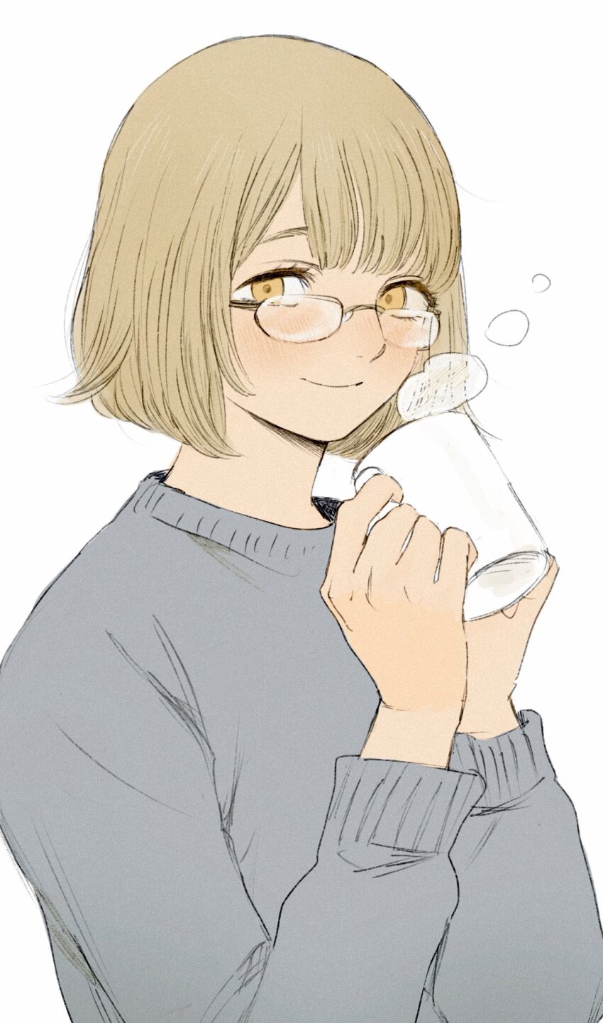 1girl blonde_hair blush closed_mouth cup dungeon_meshi falin_touden frs2 glasses highres holding holding_cup long_sleeves looking_at_viewer mug short_hair simple_background smile solo steam sweater upper_body white_background