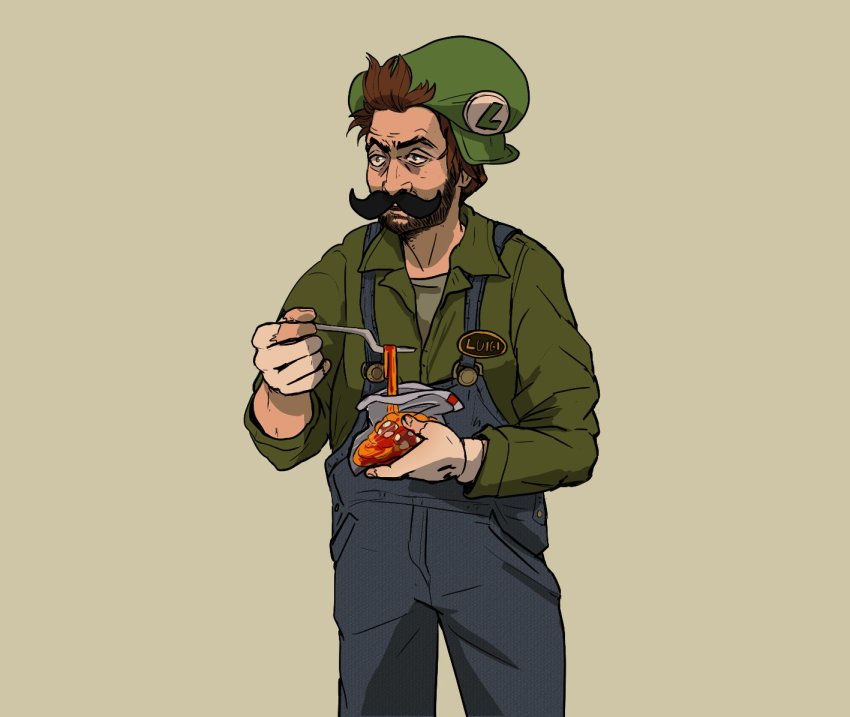 1boy bag beard blue_overalls brown_eyes brown_hair character_name charlie_day charlie_kelly commentary english_commentary facial_hair food fork foxeaf gloves green_hat green_jacket green_shirt hat holding holding_bag holding_food holding_fork it&#039;s_always_sunny_in_philadelphia jacket long_sleeves luigi male_focus manly mario_(series) mario_bros. mushroom mustache name_tag nintendo overalls pasta real_life shirt simple_background solo spaghetti super_mushroom the_super_mario_bros._movie torn_clothes torn_gloves unmoving_pattern voice_actor_connection yellow_background
