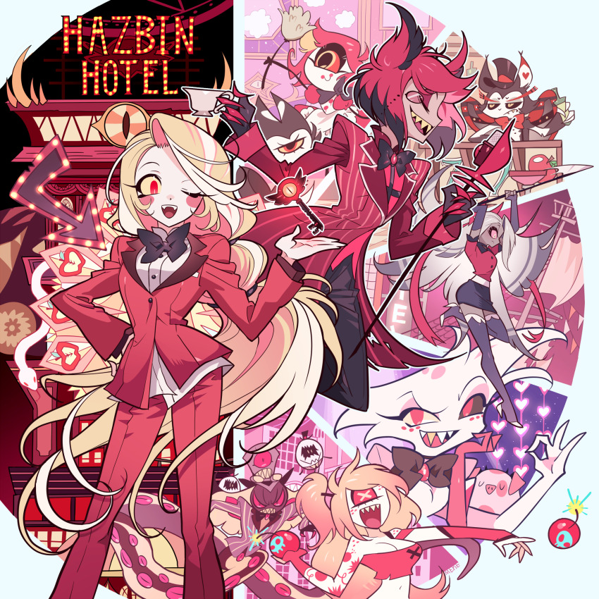 4boys 4girls :d ;d alastor_(hazbin_hotel) angel_dust antlers apple arrow_(symbol) artist_name black_bow black_bowtie black_hair black_headwear black_jacket black_pants black_skin black_skirt blonde_hair bomb boots border bottle bow bowtie bright_pupils brooch building charlie_morningstar cherri_bomb clenched_teeth closed_eyes coat colored_sclera colored_skin colored_teeth copyright_name cup cyclops deer_antlers deer_boy demon_boy egg egg_bois elbow_rest explosive extra_arms eyeball eyewear_strap fangs fat_nuggets fingerless_gloves food freckles frown fruit gloves gold_teeth gradient_hair grey_footwear grey_gloves grey_skin hair_over_one_eye hand_on_own_cheek hand_on_own_face hand_on_own_hip hat hazbin_hotel heart highres holding holding_bomb holding_bottle holding_cup holding_polearm holding_weapon horns husk_(hazbin_hotel) jacket jewelry key lamia_boy lit_fuse long_hair long_sleeves looking_at_viewer meremero mismatched_sclera monocle monster_boy monster_girl multi-tied_hair multicolored_hair multiple_boys multiple_girls niffty_(hazbin_hotel) ok_sign one-eyed one_eye_closed open_mouth outside_border pants pig pink_eyes pink_hair pink_tube_top polearm ponytail red_bow red_bowtie red_coat red_eyes red_hair red_jacket red_pants red_shirt round_image sharp_teeth shirt short_hair short_sleeves sign signature sir_pentious skirt smile solid_eyes spear strapless striped_clothes striped_coat striped_jacket symbol-shaped_pupils teacup teeth thigh_boots throwing top_hat torn_clothes torn_coat traditional_bowtie tube_top v-shaped_eyebrows vaggie vertical-striped_clothes vertical-striped_jacket very_long_hair weapon white_border white_fur white_pupils white_shirt x-shaped_pupils yellow_eyes yellow_sclera yellow_shirt yellow_teeth