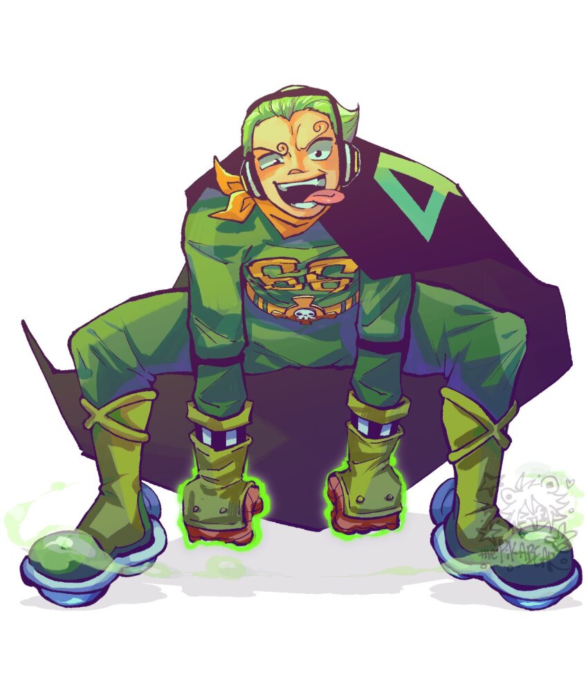1boy aura bandana bandana_around_neck belt black_cape bodysuit boots cape clenched_hands curly_eyebrows full_body gas gloves green_bodysuit green_boots green_gloves green_hair hair_slicked_back headphones highres hunched_over legs_apart looking_at_viewer male_focus number_print one_piece open_mouth print_bodysuit short_hair solo squatting teeth thepikabear tongue tongue_out uneven_eyes vinsmoke_yonji yellow_bandana