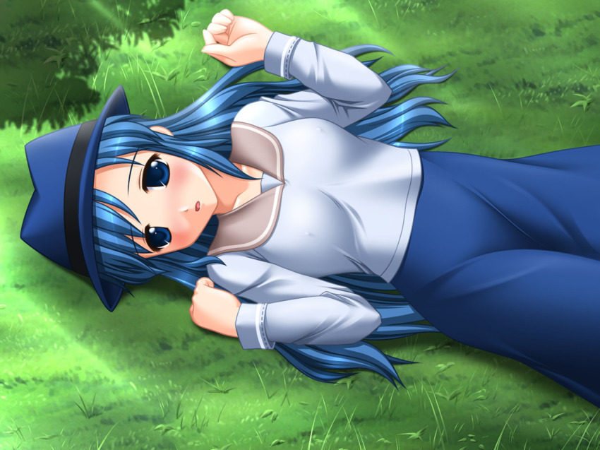 1girl :o blue_eyes blue_hair blue_skirt blush breasts collarbone covered_erect_nipples fedora female_focus field from_above game_cg grass hands_up hat kafu_(logaemon) long_hair long_skirt long_sleeves lorna mabinogi matching_hair/eyes open_mouth plant shirt skirt small_breasts solo white_shirt