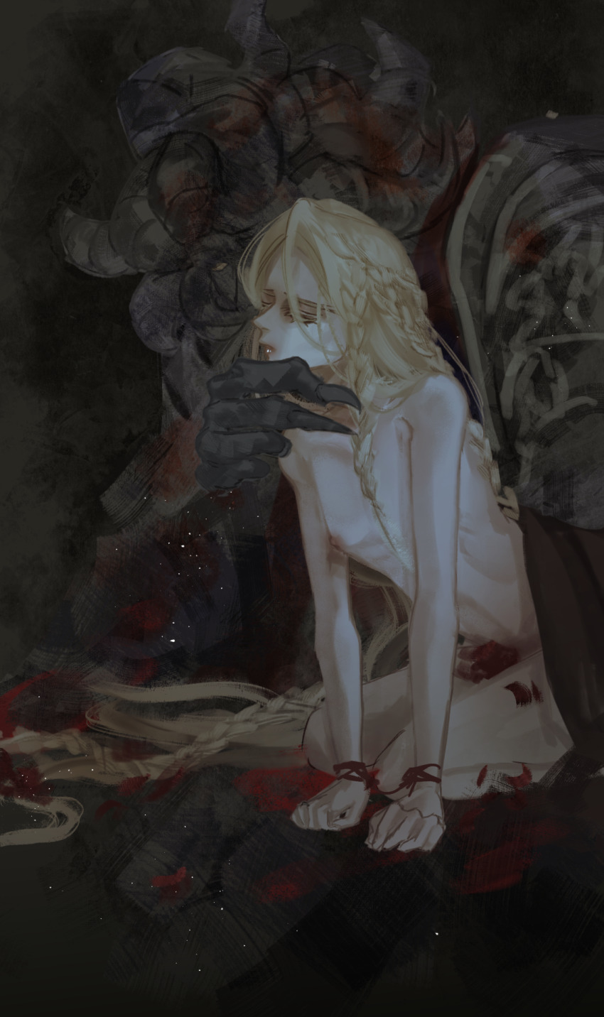 2boys androgynous blonde_hair bound bound_wrists braid dark_background elden_ring half-closed_eyes hand_on_another&#039;s_chin highres horns interspecies kneeling long_hair male_focus miquella_(elden_ring) mohg_lord_of_blood monster multiple_boys multiple_braids multiple_horns natuyu-tan nipples nude pale_skin petal_censor red_eyes red_petals simple_background size_difference skinny yaoi