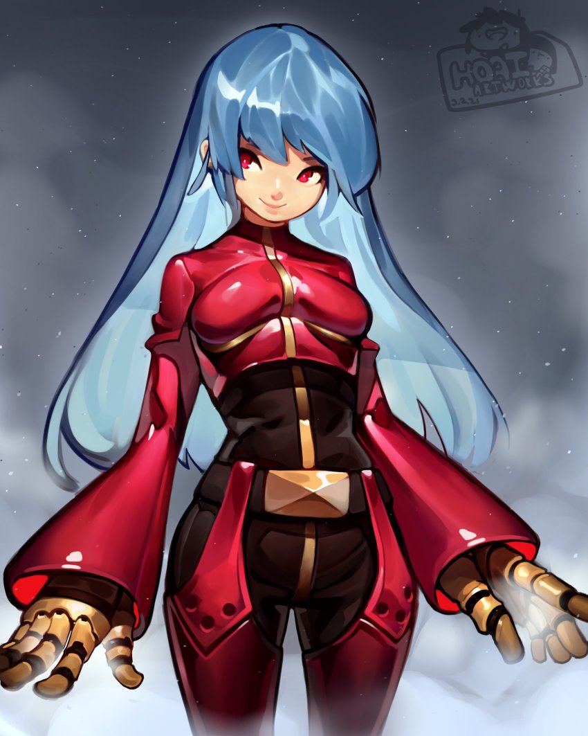 1girl belt blue_hair blush bodysuit breasts chaps cropped_jacket cryokinesis gloves highres hoai_vu jacket kula_diamond long_hair looking_at_viewer medium_breasts purple_eyes red_eyes simple_background smile solo the_king_of_fighters the_king_of_fighters_2000 zipper