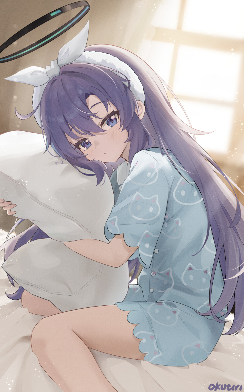 1girl absurdres black_halo blue_archive blue_eyes blue_pajamas commentary_request exusiai_dust hairband halo highres hugging_object long_hair looking_at_viewer pajamas pillow purple_hair solo white_hairband yuuka_(blue_archive) yuuka_(pajamas)_(blue_archive)