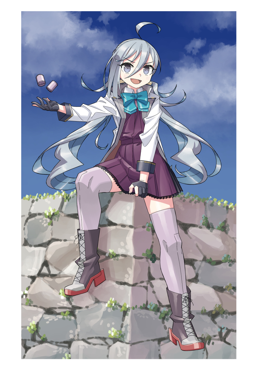 1girl absurdres ahoge aqua_bow aqua_bowtie black_gloves blue_eyes boots bow bowtie coat depth_charge dress gloves grey_eyes grey_hair grey_pantyhose hair_between_eyes hair_bun halter_dress halterneck highres kantai_collection kazh_(kazu) kiyoshimo_(kancolle) kiyoshimo_kai_ni_(kancolle) lace-up_boots low_twintails pantyhose partially_fingerless_gloves pleated_dress purple_dress school_uniform single_hair_bun solo stone_wall twintails wall white_coat