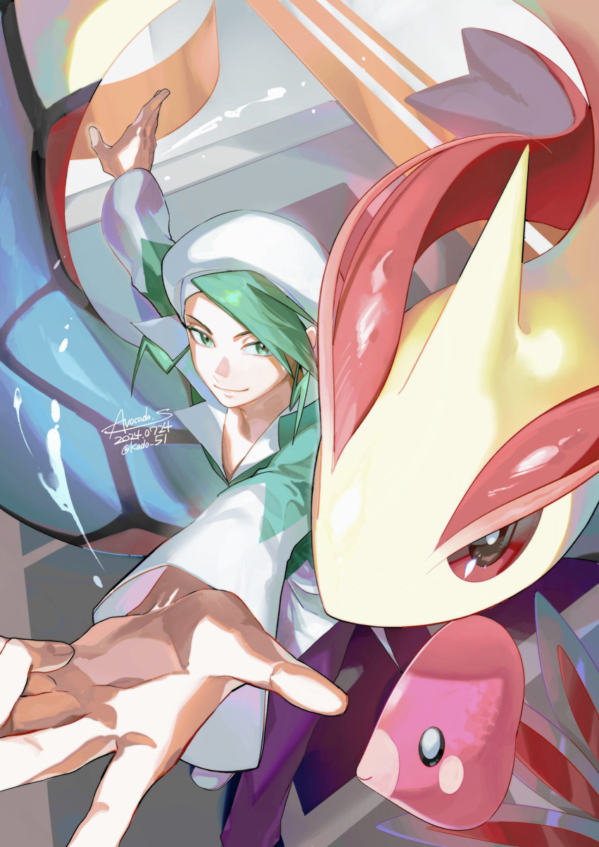 1boy beret closed_mouth commentary_request dated gen_3_pokemon green_eyes green_hair green_shirt hat highres kado_51 long_sleeves luvdisc male_focus milotic nintendo pants pokemon pokemon_(creature) pokemon_rse purple_pants shirt short_hair signature smile wallace_(pokemon) white_hat