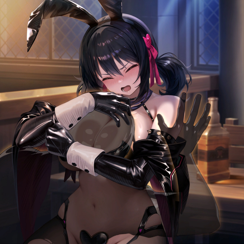 1boy 1girl alcohol animal_ears armlet blush bottle breast_press breasts brown_dust_(series) brown_dust_2 brown_pantyhose cleavage closed_eyes elbow_gloves fake_animal_ears full-face_blush game_cg gloves groin hair_between_eyes heart_maebari heart_pasties highres hug jewelry latex latex_gloves lips loen_(brown_dust_2) loen_(celebrity_bunny)_(brown_dust_2) maebari medium_hair meme_attire navel non-web_source open_mouth pantyhose pasties purple_hair rabbit_ears reverse_bunnysuit reverse_outfit see-through_silhouette short_twintails shouting silhouette spiked_armlet stomach teeth torn_clothes torn_pantyhose twintails whiskey white_wrist_cuffs wrist_cuffs