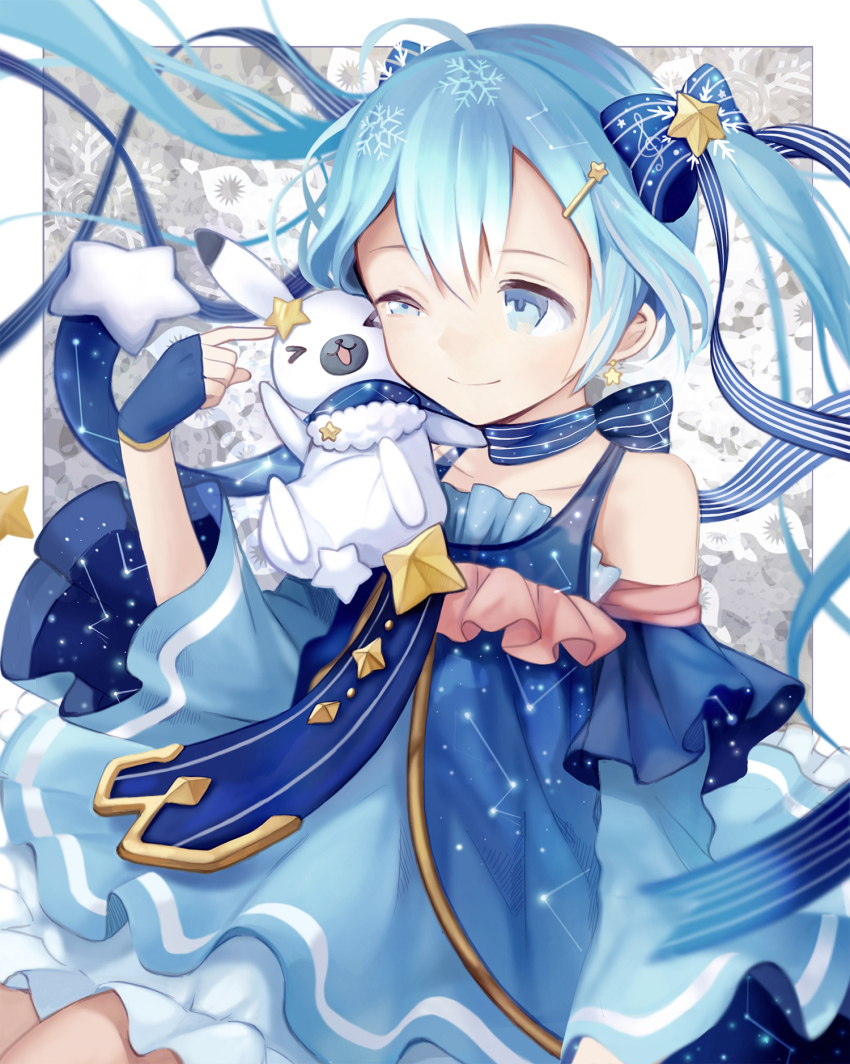 &gt;_&lt; 1girl animal blue_eyes blue_hair choker commentary constellation_print detached_sleeves dress fingerless_gloves gloves hair_ribbon hatsune_miku highres kari_kenji long_hair long_sleeves multicolored_hair rabbit rabbit_yukine ribbon ribbon_choker smile snowflakes solo star_(symbol) twintails uneven_eyes vocaloid white_hair yuki_miku yuki_miku_(2017)