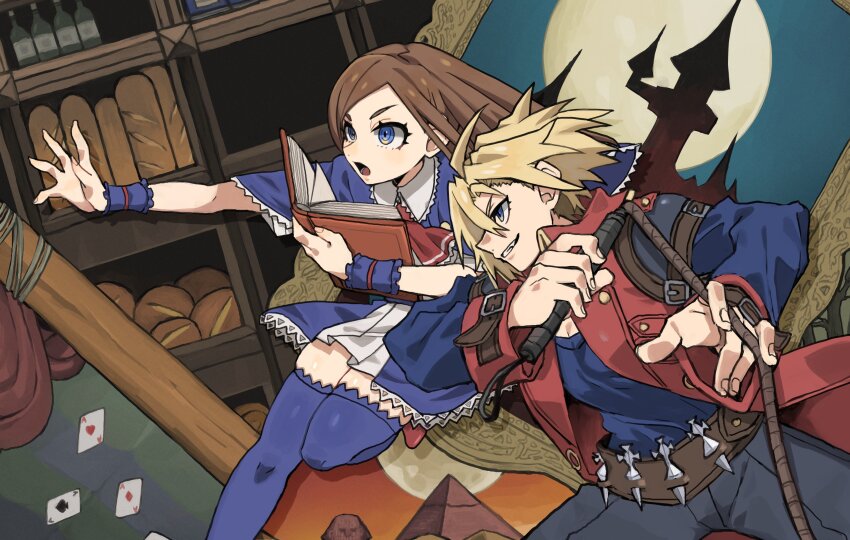 1boy 1girl absurdres ascot belt black_pants blonde_hair blue_eyes blue_thighhighs book brown_hair capelet castlevania:_portrait_of_ruin castlevania_(series) charlotte_aulin coat highres holding holding_book holding_whip ikayaki_hd3 jonathan_morris long_hair open_clothes open_coat open_mouth pants red_ascot red_coat skirt smile thighhighs whip