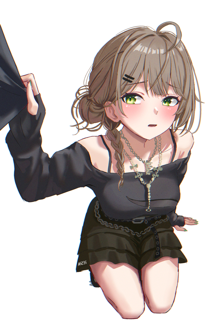 1girl 1other a5235 ahoge artist_name bare_shoulders black_shirt black_skirt braid breasts brown_hair fingerless_gloves gloves green_eyes green_nails hair_bun highres kneeling layered_skirt long_hair long_sleeves medium_breasts miniskirt multiple_necklaces off-shoulder_shirt off_shoulder parted_lips shirt side_braid simple_background skirt sleeve_pull viichan virtual_youtuber waktaverse white_background