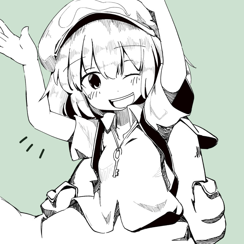 1girl backpack bag blush breasts cactas7 collarbone hat highres kawashiro_nitori key looking_at_viewer medium_breasts monochrome one_eye_closed open_mouth pocket simple_background solo touhou upper_body