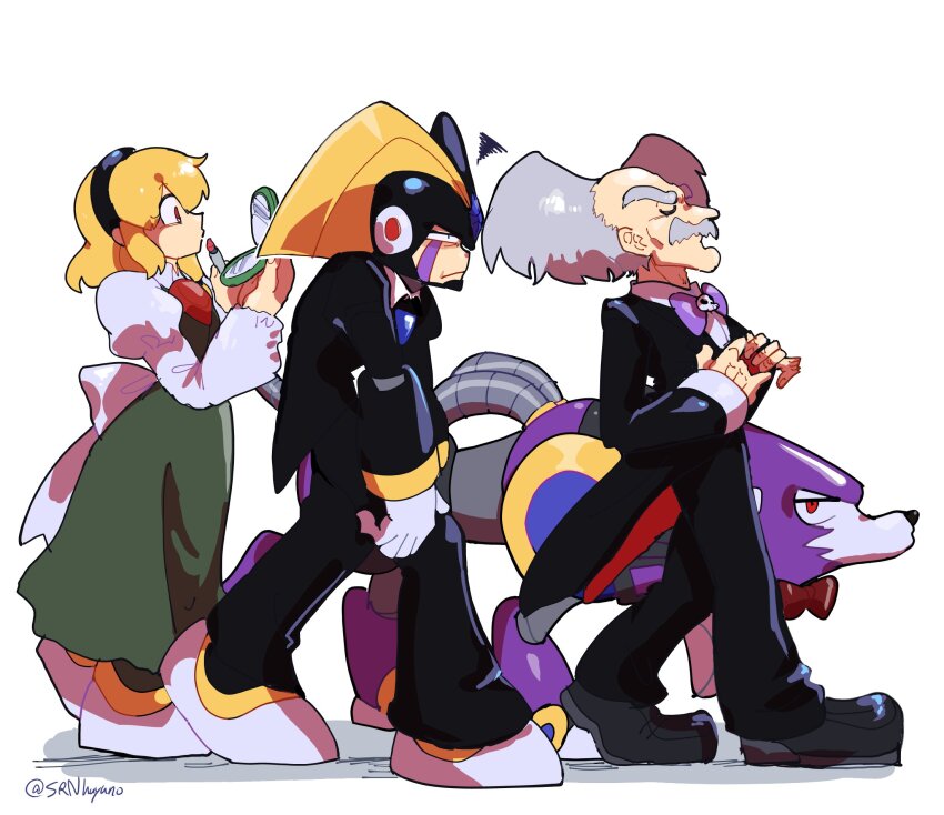1girl 2boys bass_(mega_man) black_helmet black_jacket black_pants black_suit blonde_hair dr._wily_(mega_man) dress facial_hair forehead_jewel formal_clothes from_side full_body green_dress grey_hair helmet highres jacket medium_hair mega_man_(classic) mega_man_(series) multiple_boys mustache non-humanoid_robot pants piano_(srnhuyuno) profile robot robot_animal robot_dog simple_background srnhuyuno suit treble_(mega_man) white_background
