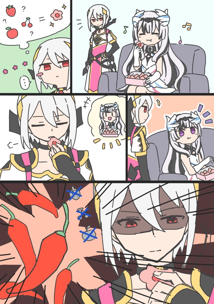 armor chili_pepper cookie dragon dragon_boy dragon_girl dress fire_emblem fire_emblem_engage food hair_ornament highres nintendo omake rafal_(fire_emblem) shirt shoulder_armor simple_background surprised veyle_(fire_emblem) white_shirt
