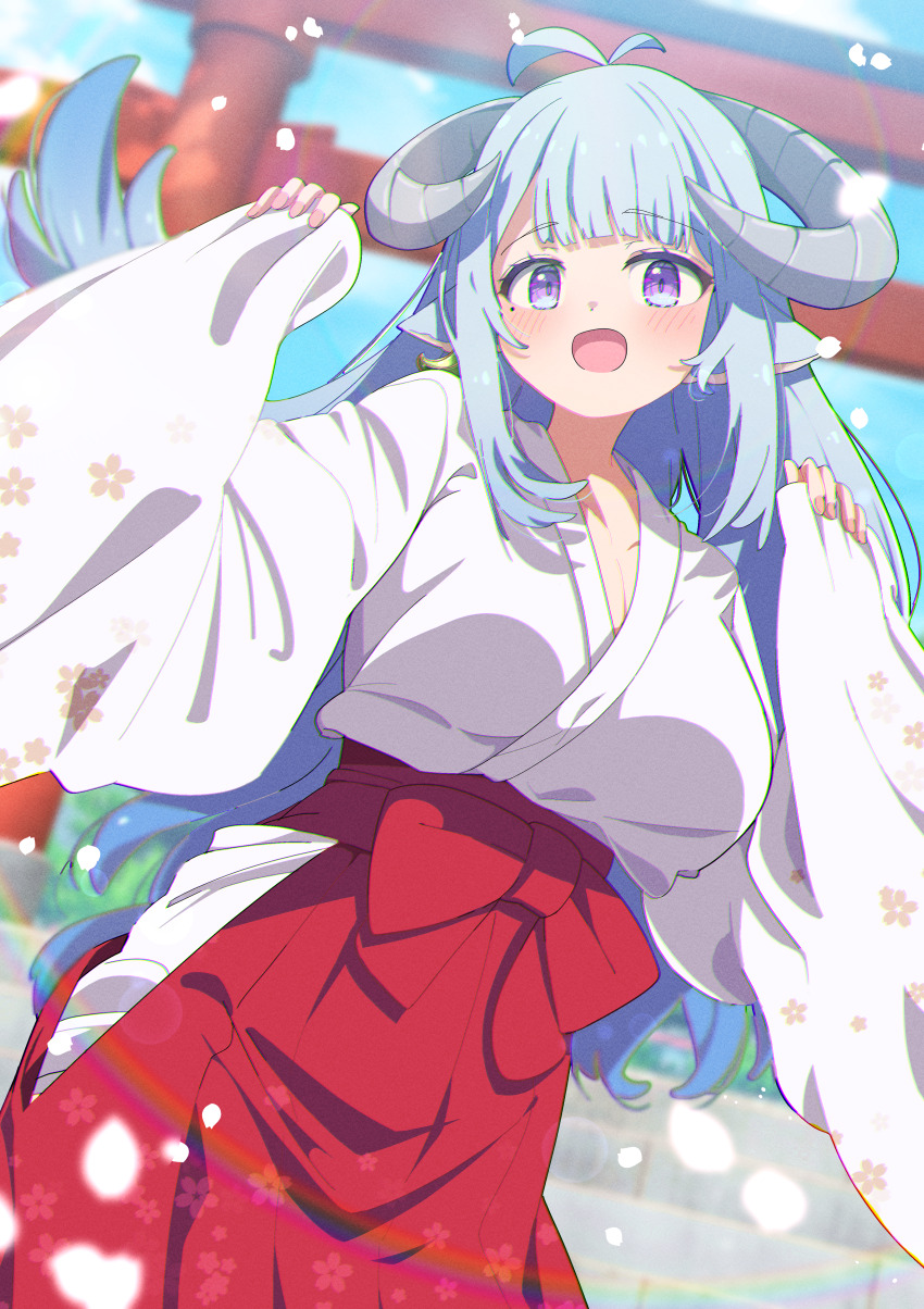 1girl :d absurdres animal_ears antenna_hair blue_hair blunt_bangs blurry blurry_background blush breasts cleavage commission curled_horns earrings hakama hakama_skirt highres horns japanese_clothes jewelry kimono large_breasts long_hair long_sleeves looking_at_viewer miko open_mouth original outdoors purple_eyes red_hakama sheep_ears sheep_girl sheep_horns shiro9jira single_earring skeb_commission skirt smile solo torii very_long_hair white_kimono wide_sleeves