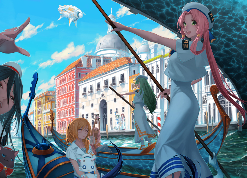 6+girls :d aika_granzchesta aino_ai akira_ferrari alice_carroll alicia_florence animal anya_dostoyevskaya aria_(manga) aria_company_uniform aria_pokoteng arms_up athena_glory azusa_mclaren beret black_cat black_hair blonde_hair blue_bow blue_bowtie blue_eyes blue_gloves blue_hair blue_sky boots bow bowtie braid braided_ponytail building cat closed_eyes closed_mouth dark-skinned_female dark_skin day dress drghmkn eyelashes glasses gloves gold_trim gondola green_eyes green_hair grey_eyes grey_hair hair_between_eyes hair_over_shoulder hair_rings hair_tubes hat hat_ribbon highres hime_granzchesta holding holding_animal holding_cat holding_oar italian_commentary lens_flare long_dress long_hair looking_at_viewer mixed-language_commentary mizunashi_akari multiple_girls oar official_alternate_hairstyle open_mouth orange_planet_uniform outdoors parted_bangs pink_hair pov president_maa red_bow red_bowtie red_hair ribbon sailor_collar shadow shirt short_sleeves side_slit sidelocks signature sitting sky smile spacecraft venice very_long_hair waving white_boots white_cat white_dress white_shirt