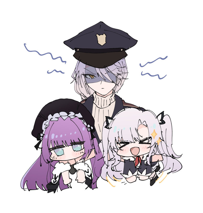 &gt;_&lt; 3girls angry azur_lane blue_hat hair_over_one_eye hat highres kirov_(azur_lane) kirov_(drifting_justice)_(azur_lane) multiple_girls ognevoy_(azur_lane) one_eye_covered peaked_cap simple_background tashkent_(azur_lane) tsuchi_(xger4434) turtleneck upper_body white_background yellow_eyes